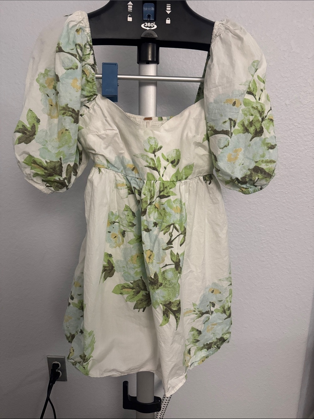 Free People White Mini Dress with Green & Light Blue Floral Print